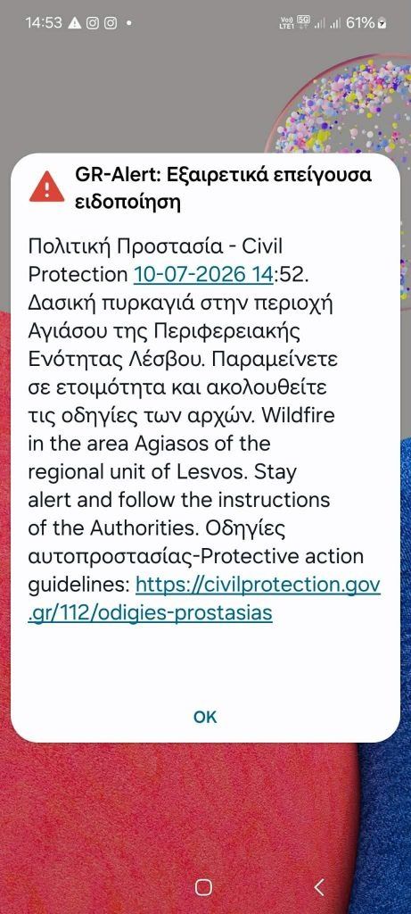 Δασική φωτιά στην Αγιάσο της Λέσβου: Μεγάλη κινητοποίηση της Πυροσβεστικής – Μήνυμα του 112
