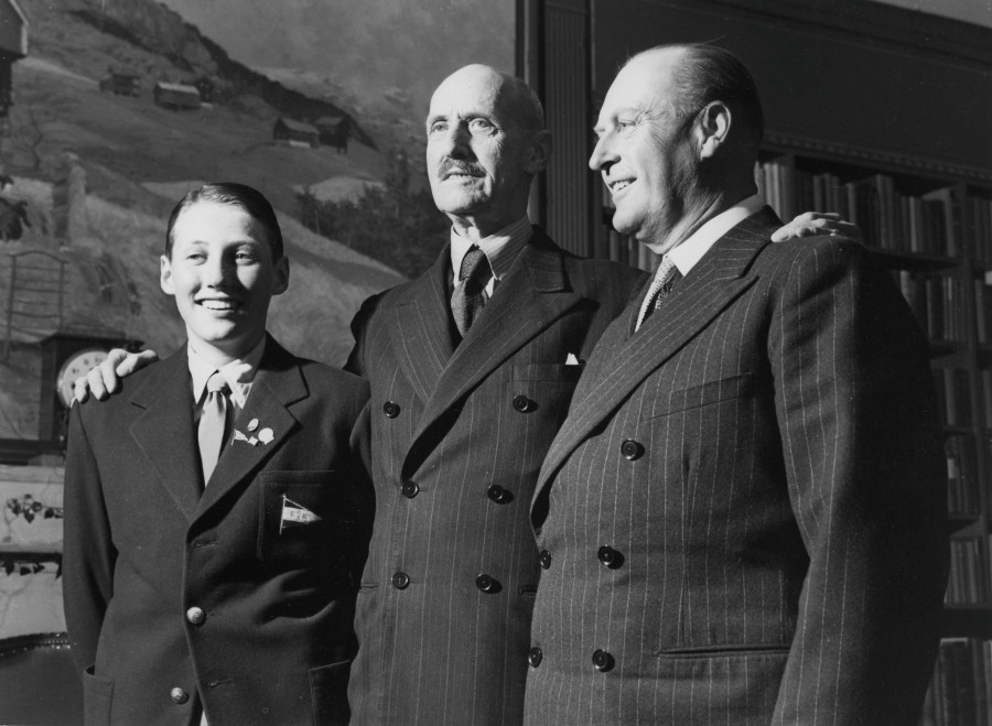 Norwegian royalty. Crown prince Harald with his father Olav V with king Haakon in the middle on may 7 ...